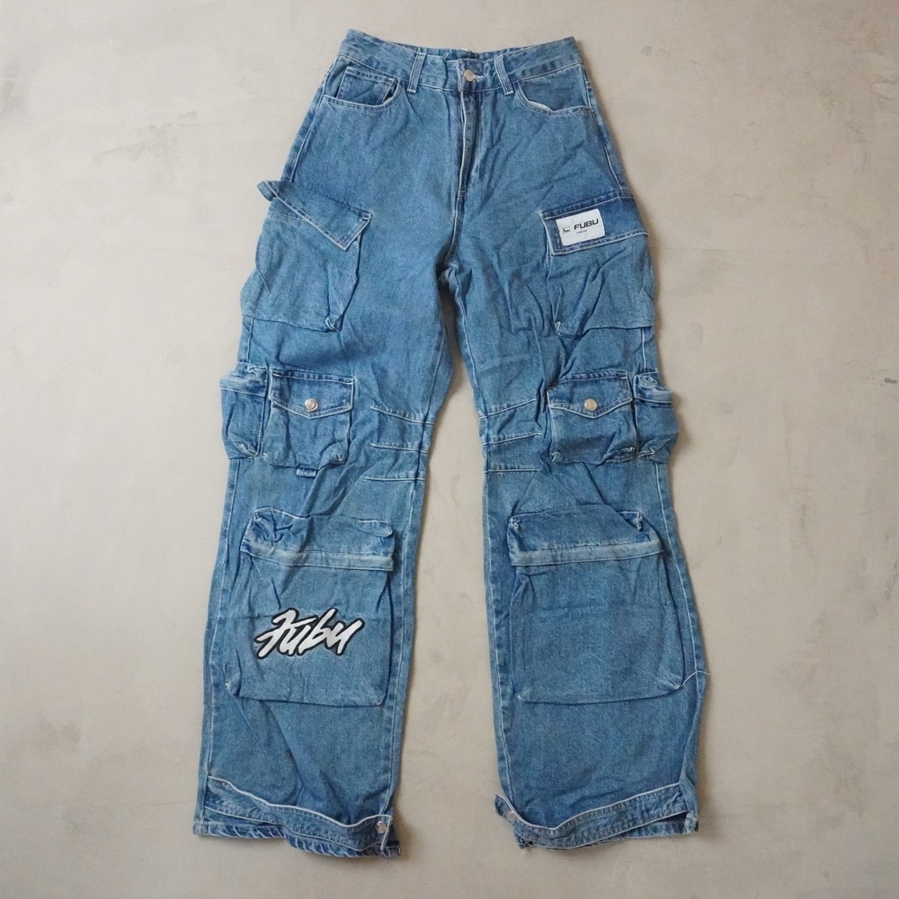 Vintage FUBU Cargo Jeans Mens 27x30 90s Light Wash Baggy Multi Pocket Denim